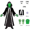Vestido con temática alienígena, lentes y accesorio para la cabeza.