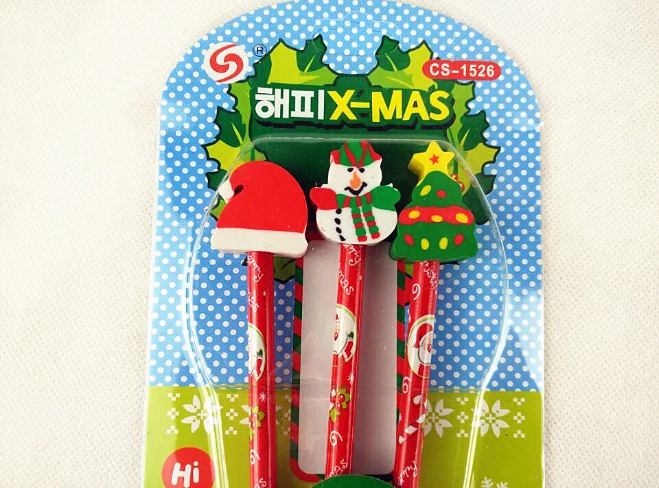 Custom Logo Printed Christmas Gift Eraser Kids School Stationery Pencil Set