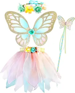 Princess Girls' Children's Fairy Anime Costume Set with Butterfly Wings Ballet Skirt Dresses Magic Wand Halo Headscarf