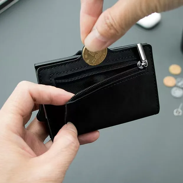 2023 Pop Wallet Minimalist Credit Card Holder RFID Blocking Mini Automatic Bounce Leather Metal Card Case