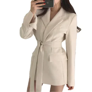 Casual Belted Solid Woven V-neck Long Sleeve Breathable 100% Polyester Women's Work Office Wrap Blazer