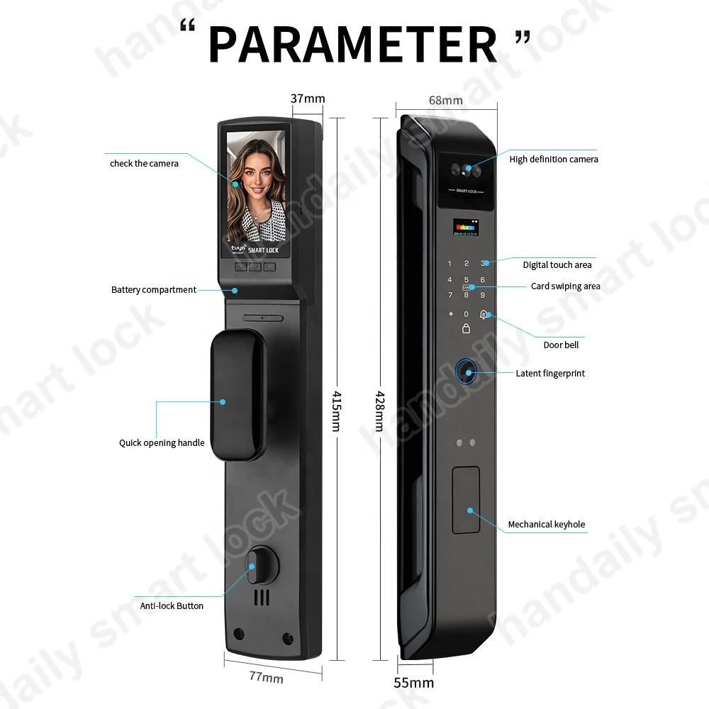 Sikkerhetsdigital Tuya Wifi Reell Intercom Nøkkeløs RFID Elektronisk 3D Ansikts-gjenkjenning Fingerprint Smart Dørlås Med Kamera K30
