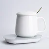Glossy White Warm Cup with Lid and Spoon Heating Pad