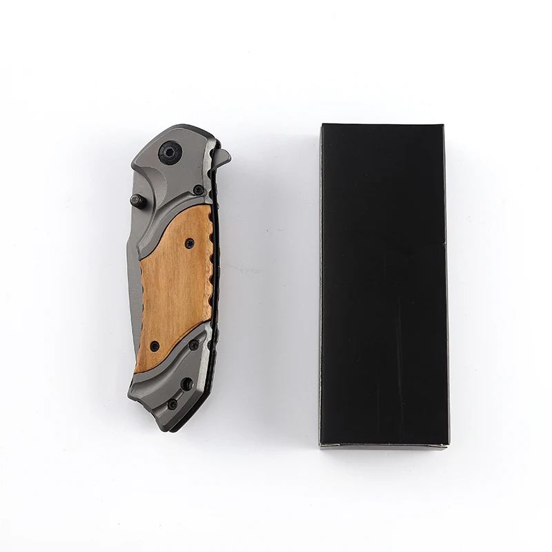 X49 Olive Wood Handle Folding Knife Titanium Coated Blade Drop Point