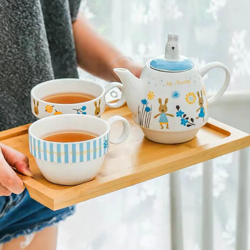 porcelain tea for one set tea pot with 2pcs of stackable cup with rabbit design coffee cup and tea set