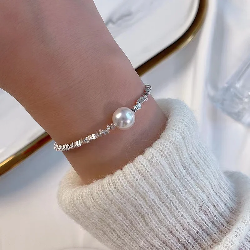 Hot Selling South Korea Lovely Weeny S925 Sterling Silver Gravel Beaded  Shell Pearl Bracelet Necklace Set for Women Jewelry