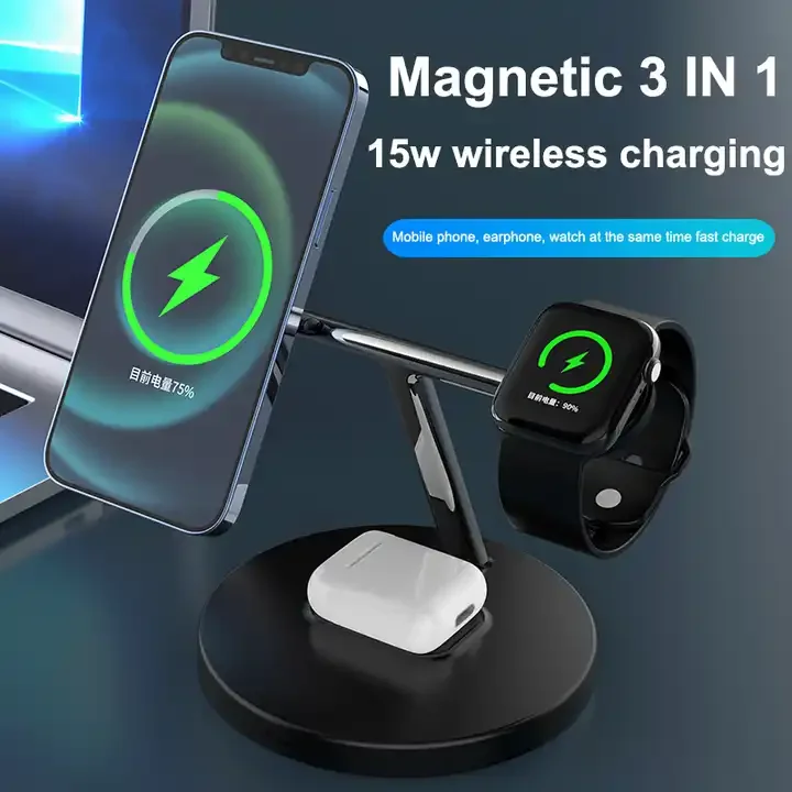 Stock 3-in-1 Magnetic Wireless Charger Stand for iPhone 15 Pro Max for Apple Watch 8 Earphones-Fast Charging Dock Station for