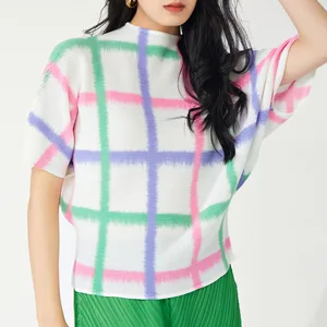 Women's Casual T-Shirt Pleated Fashion Design With Elastic Printed Bat-Sleeve Plaid Short-Sleeved Top Wholesale