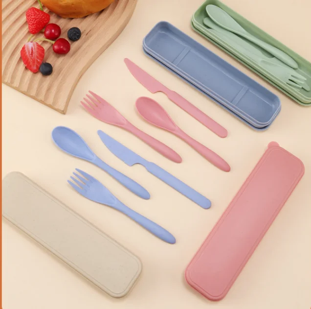 New Eco-friendly Plastic Multicolored Cutlery Set Frost Technique 3-Piece Spoon Fork Knife Dinnerware Home Camping