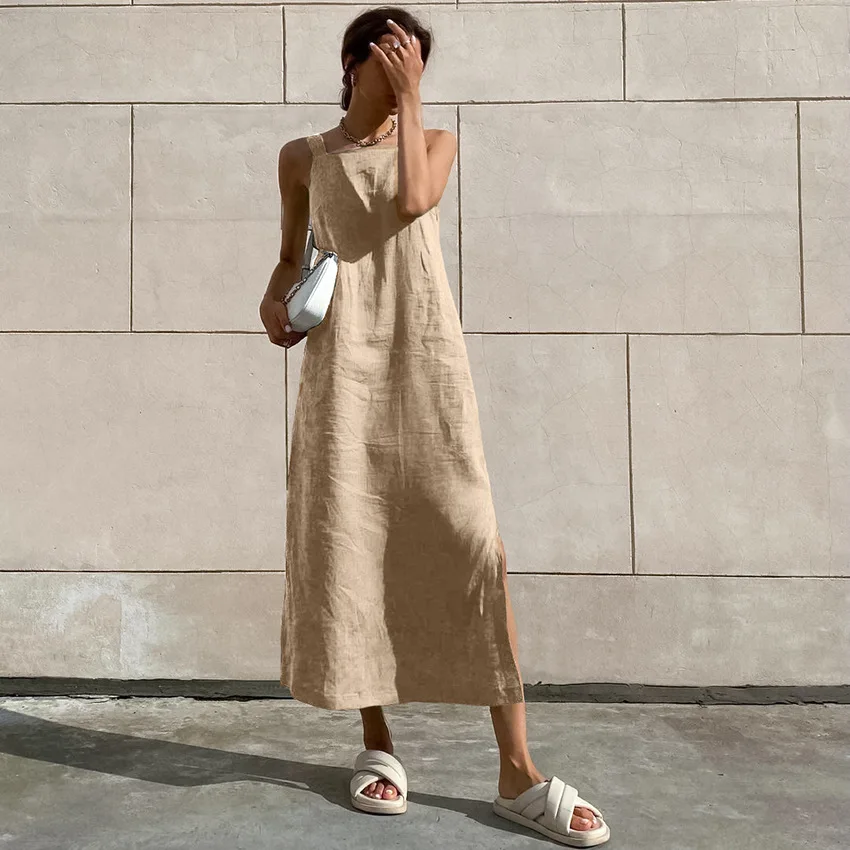 New French Style Cotton Linen Dress Sleeveless Women's Clothing Summer  Loose Girl Dress Sexy Green Straight Suspender Dress