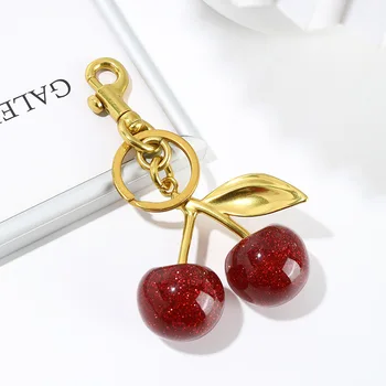 Cute Strawberry Cherry Keychain Red Bag Charms Heart Keyring Purse Backpack Car Accessories Decoration for Women Girls Gift