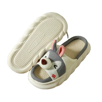 Cartoon Cute Linen Slippers Men Thick Bottom Non-Slip Platform Design Comfortable Mesh Winter All Durable Home Indoor Use