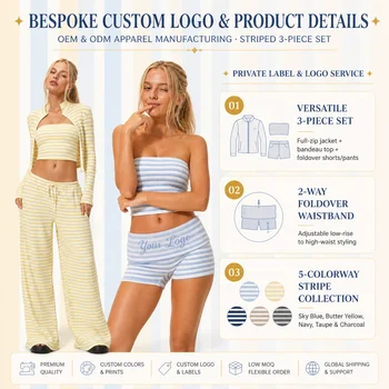 Womens Striped Three Piece Yoga Set Breathable Four Way Stretch Crop Cardigan Wide Leg Pants Activewear