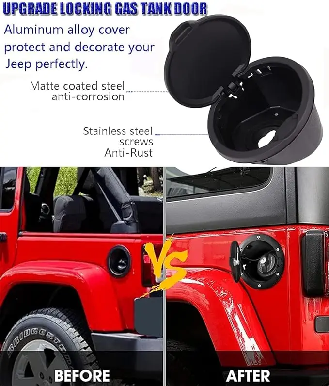 Fuel Filler Door Cover For 2018-2021 Jeep Wrangler JL - Black ABS & Aluminum Replacement Gas Cap Door (TESIN Brand)