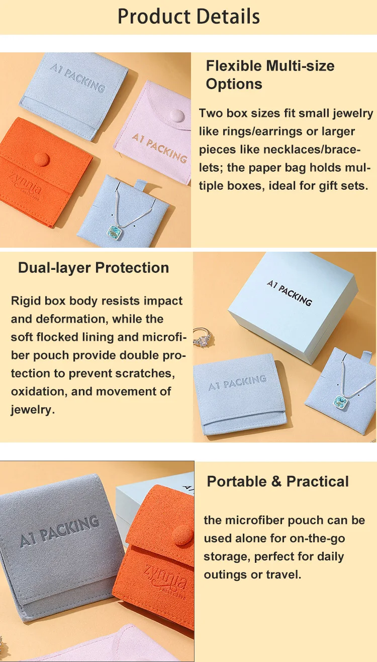 Luxury Square Flip-Top Jewelry Gift Box Set with Orange Microfiber Pouch Custom Logo Packaging for Rings and Earrings details