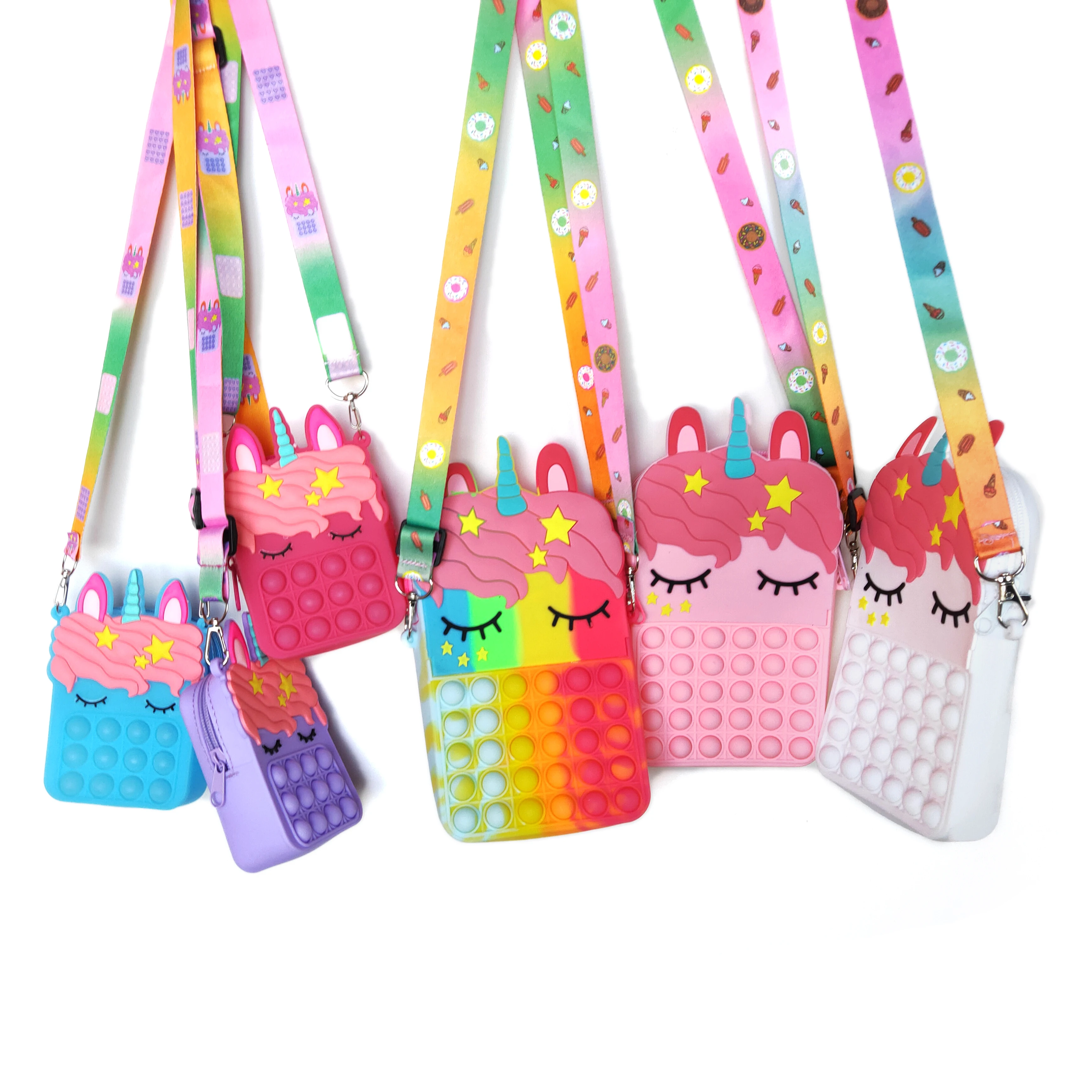 Мультяшный детский сенсорный кошелек AA098, сумка-мессенджер для снятия стресса, пузырьковая миниатюрная силиконовая Радужная Сумка-антистресс с единорогом