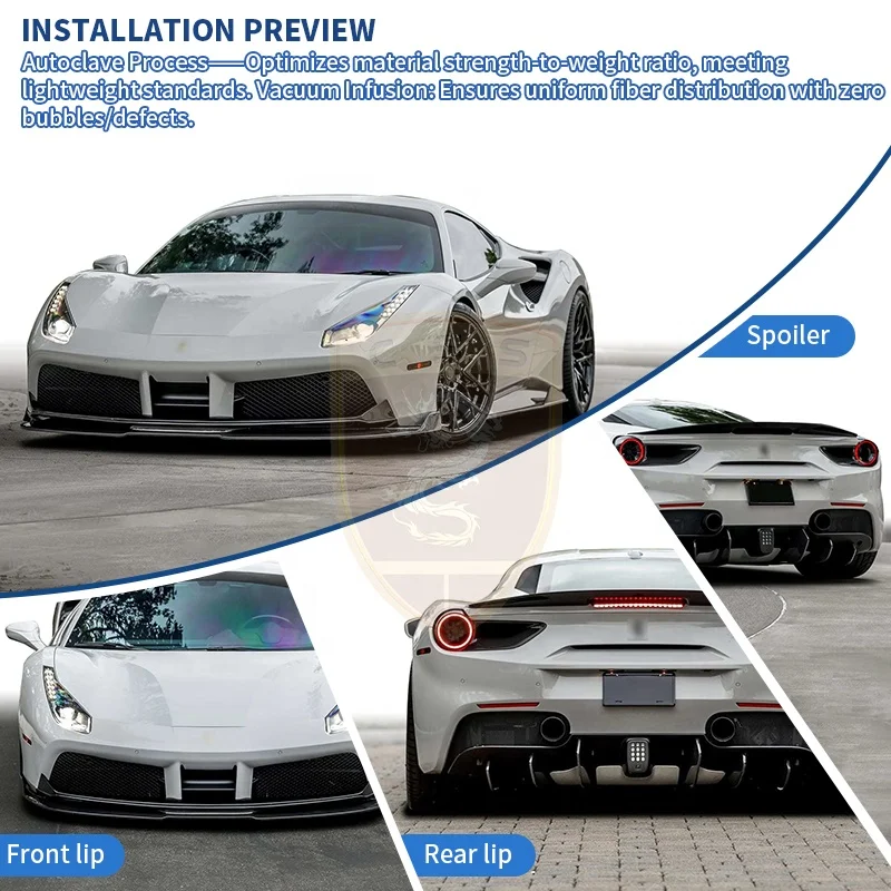 VORS Style Bodykit for Ferrai 488 GTB Dry Carbon Fiber Front Lip Rear Diffuser Side Skirts Body Kit