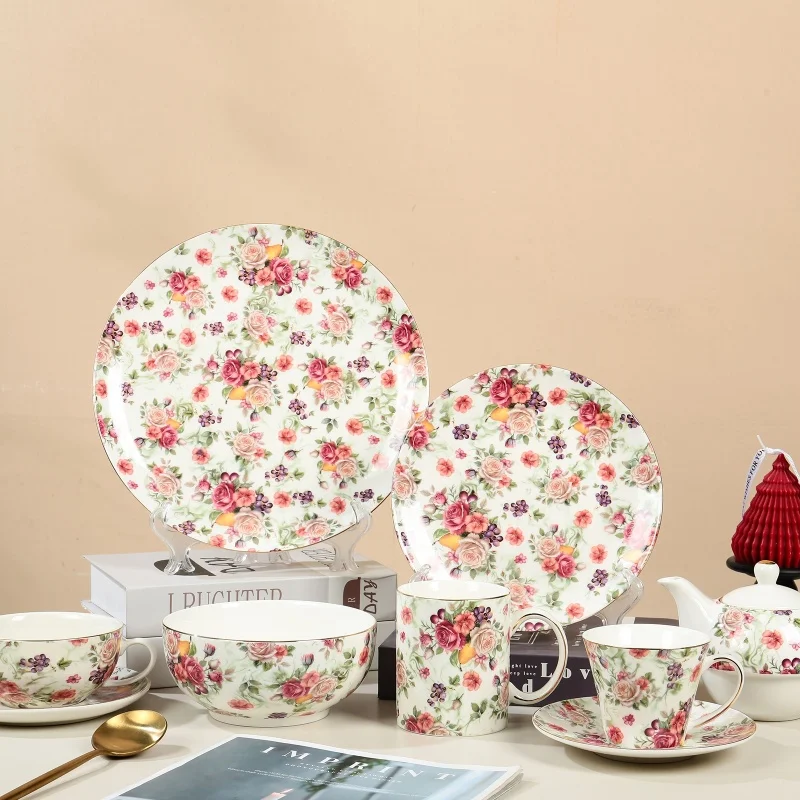 Wholesale Floral Ceramic Coffee Cup Tea Cups and Saucers Set Bone China Dinner Set for Parties & Weddings