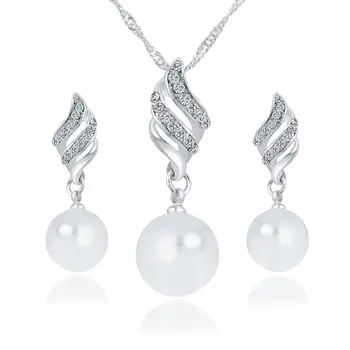 Wedding Pearl Jewelry Necklace Earrings Set for Women Pearl Pendant Necklace Rhinestone Drop Earrings