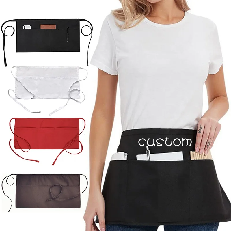 thumbnail image 2 of Unisex 3 Pocket Waist Apron - Black Polyester/Cotton Blend For Kitchen Server Waitress 2 of 6