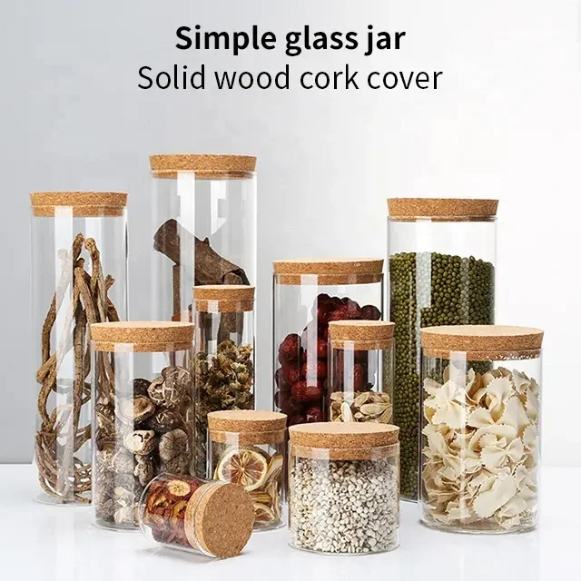 Muti-size Glass Storage Jars glass jars with Cork lids Food Container Glass storage jar for home Kitchen supplier