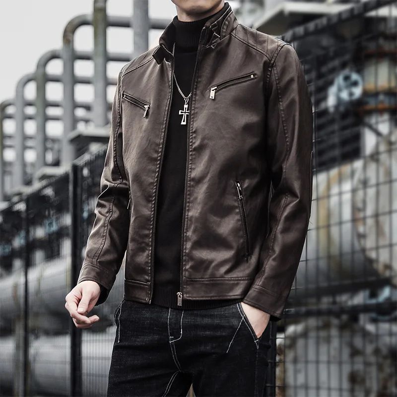 Men's Leather Jacket Solid Colour Korean Style Stand Collar Coat_voghion.com