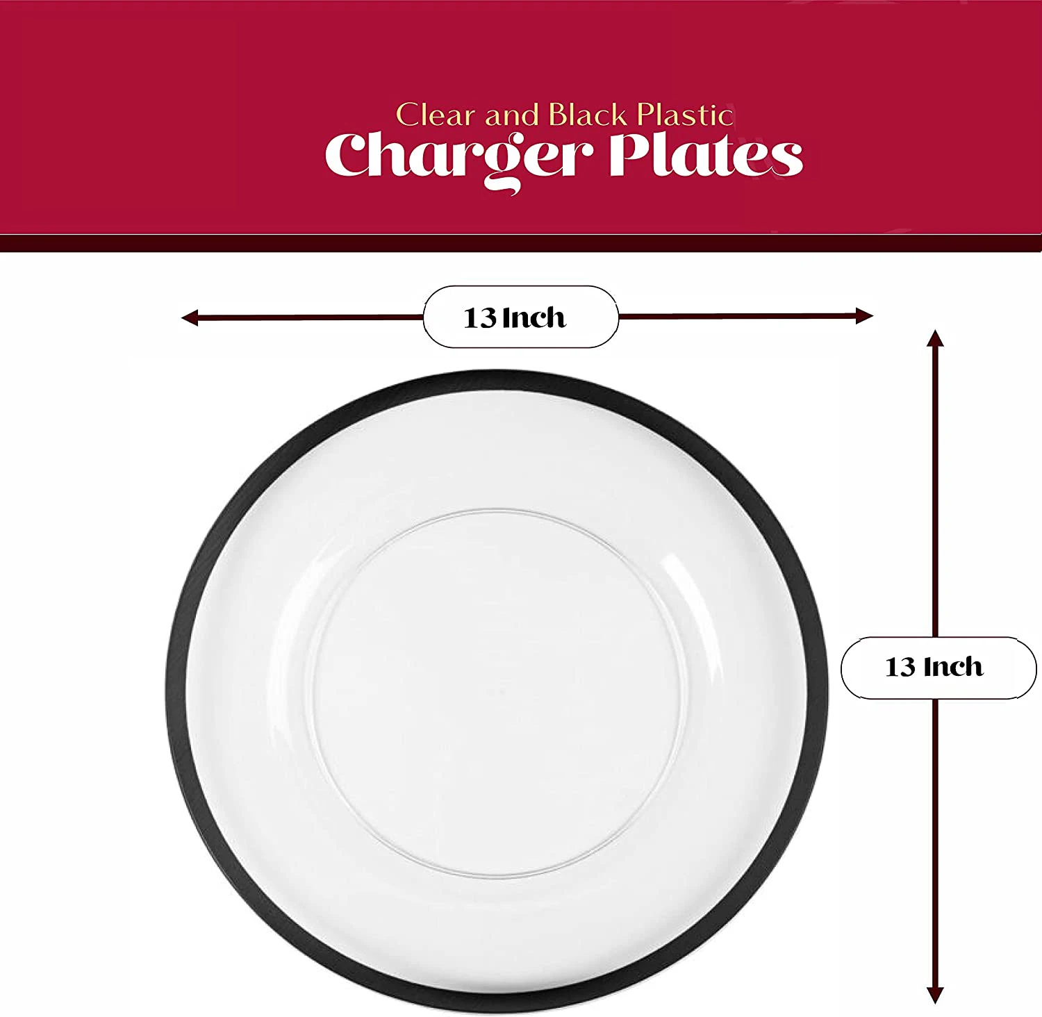 Bst Wholesale 13 Inch Durable Heavy Weight Glass Clear Black Rim Plastic Charger Plate With