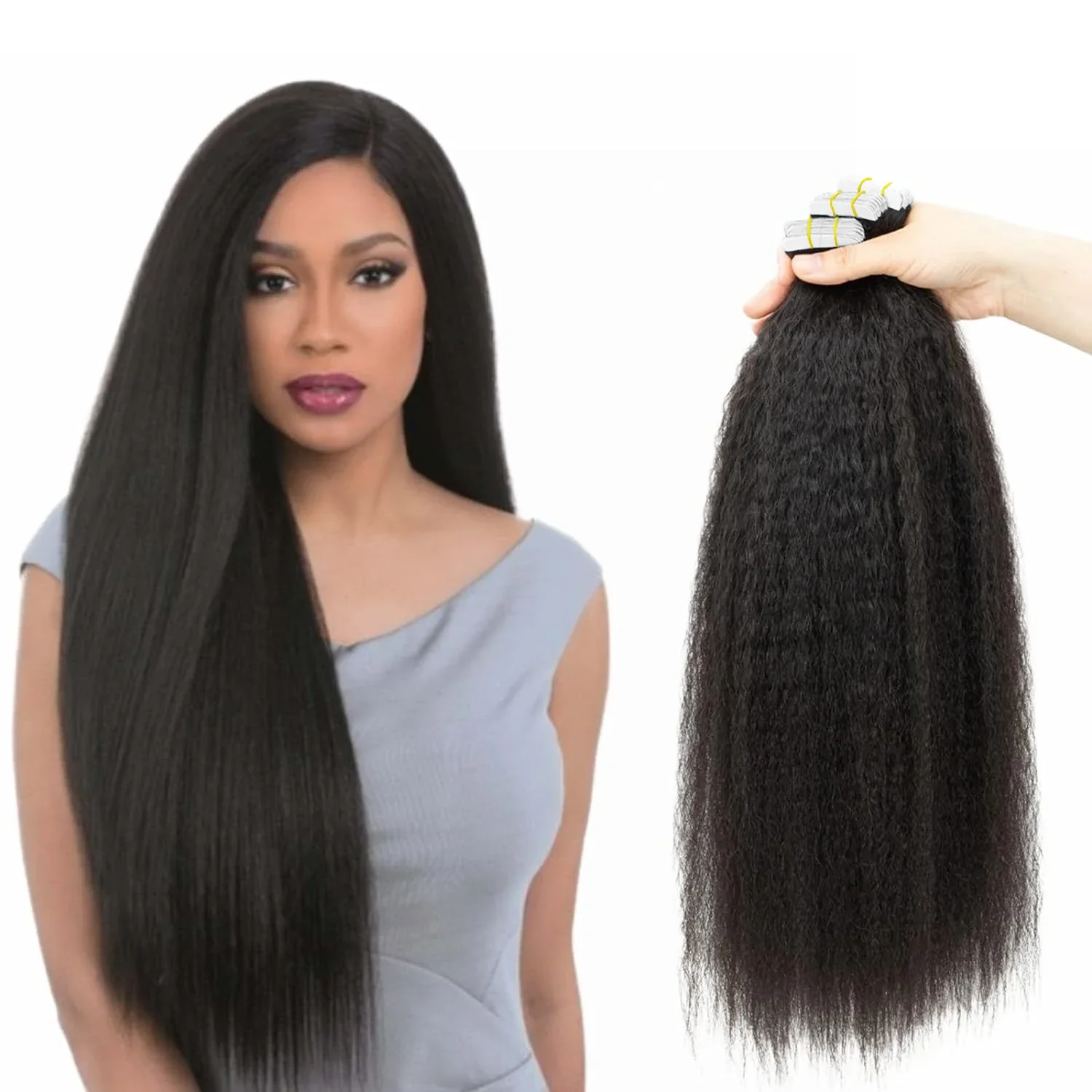 Kinky Straight Tape in Human Hair Extensions Seamless PU Skin Weft 1B_voghion.com