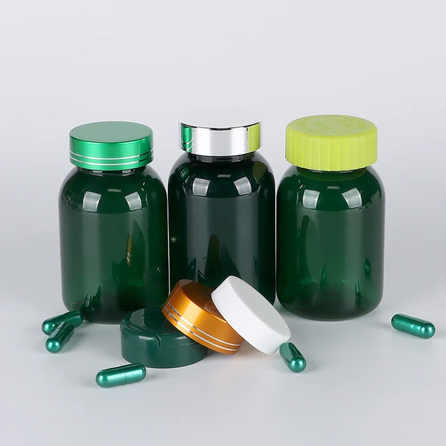 Food Grade Green PET Plastic Bottle with Custom CRC Cap Metallic Cap for Vitamin/ Capsule/ Pharmarcy/  Tablet/ Medicine