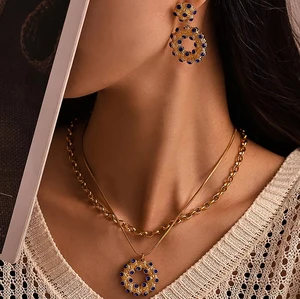 Ilona Donut Design Rhinestones Vintage African Stainless Steel Jewelry Set Pendant Necklace Earrings 18k Gold Plated for Women