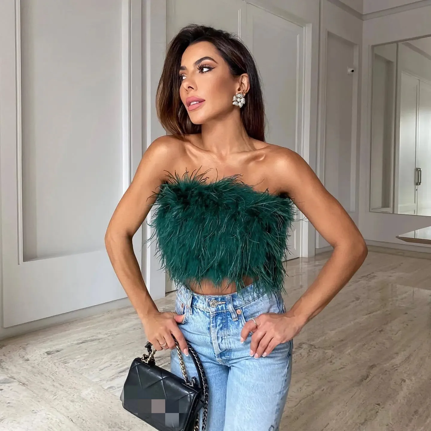 Feather Bustier Top - Corset Top with Zipper & Fur Detail