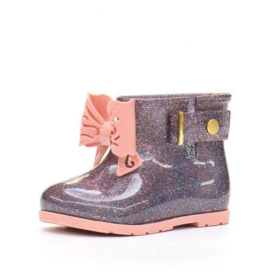 
Весна-Осень 2020, новый дизайн, водонепроницаемые Прозрачные блестящие детские дождевые сапоги из ПВХ с бантом 