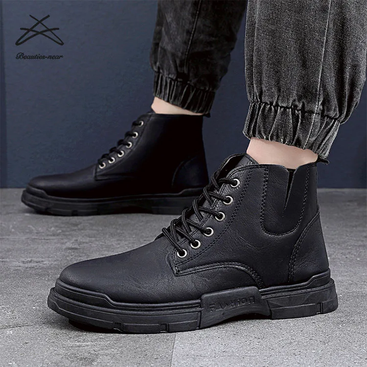 New Men Fashion Lace up Winter Mens Casual Shoes High Top PU Leather Sneaker Ankle Shoes Boots