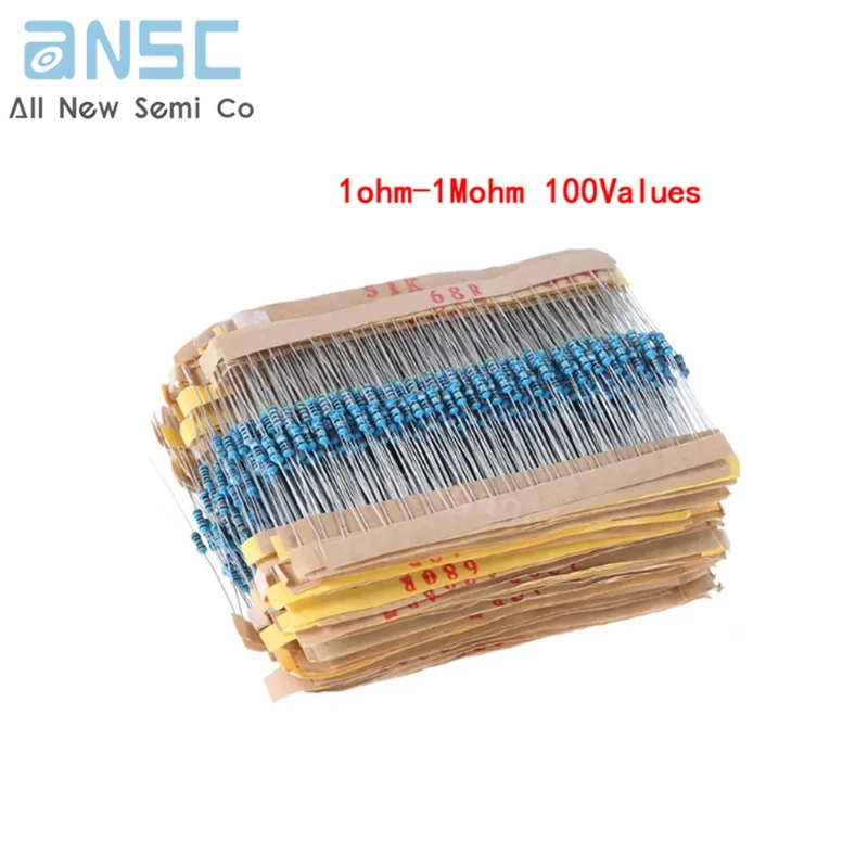 2000pcs/lot 100 Values 1/4W 1M Metal Film Resistor Assorted Kit 1 ohm~ 1M ohm Metal Film Resistor Kit Assortment Set 1R-1MR