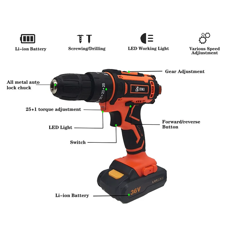 20V/24V/18V/24V Lithium Battery 710W 13Mm Brushless Double Speed Impact Drill