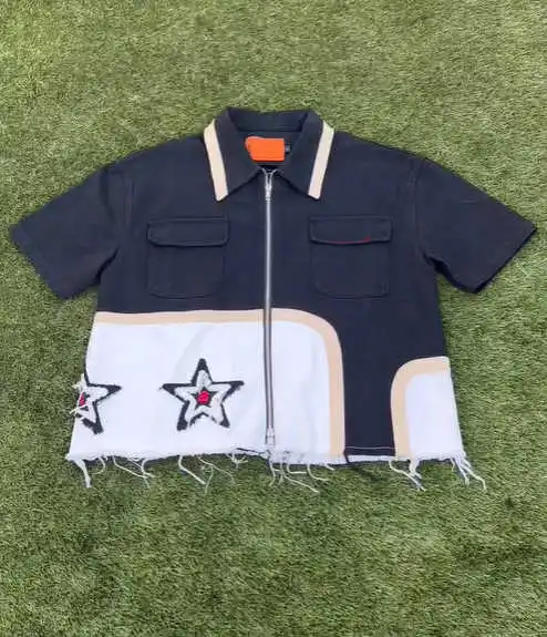 Salati Manufacturer Custom Distressed Embroidered Short Sleeve Patchwork Canvas Zip up Boxy Cut Edge Polo Work Shirts Men gallery 3