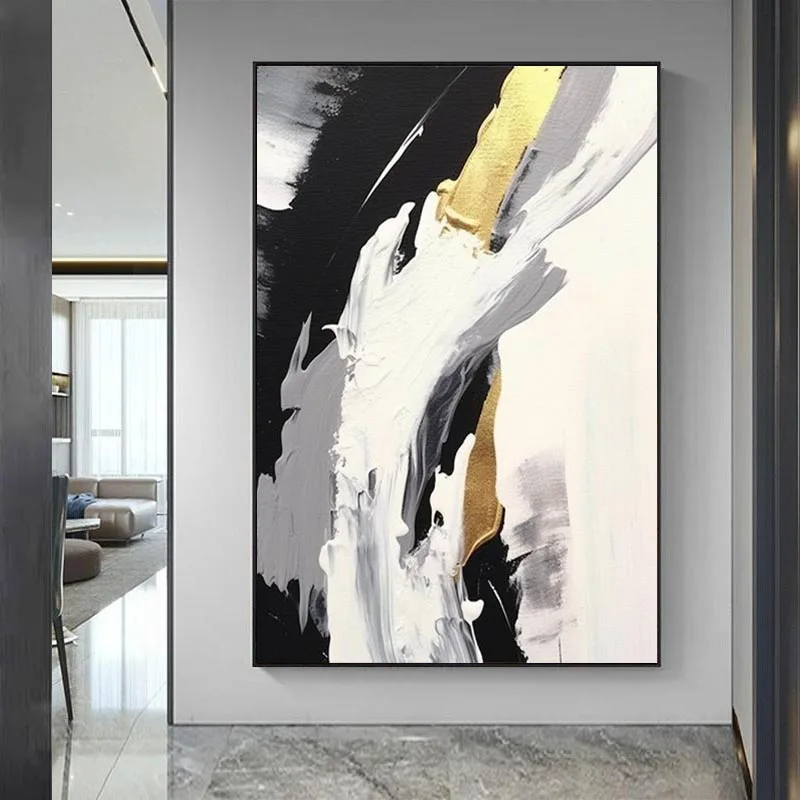 Modern Black and White Abstract Textured Painting Handmade Gold Oil ...