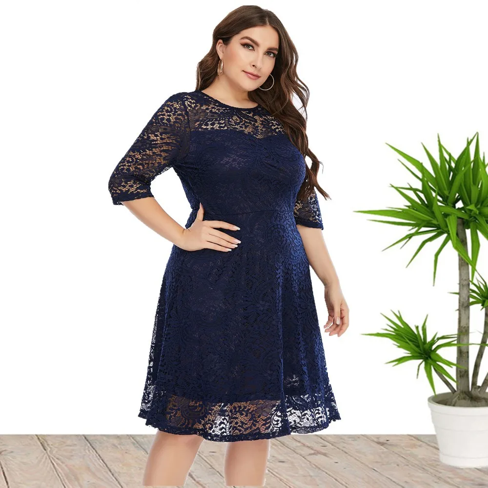 Women's Summer Casual Sexy Dresses High Waist Hollow Lace O-Neck Party Skirt with Short Sleeves Robe De Soiree in Larger Sizes Women's Summer Casual Sexy Dresses High Waist Hollow Lace O-Neck Party Skirt with Short Sleeves Robe De Soiree in Larger Sizes