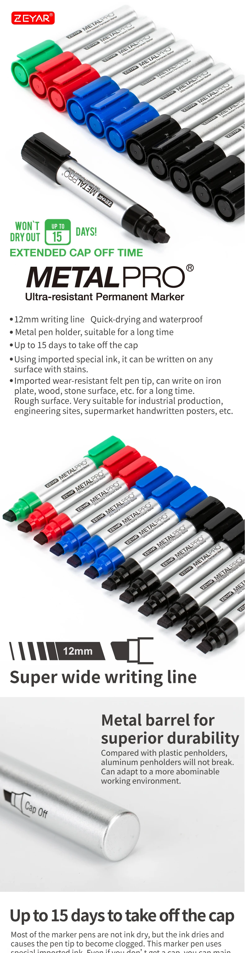 Waterproof & Smear Proof Markers, Set of 4 JUMBO Size ZEYAR Permanent Markers 