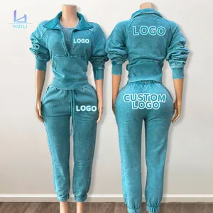 Huili Custom 3 Piece Vintage Acid Wash Outfits tank Top Half Zip Sweatshirt Joggers Y2k Matching Set Activewear Sets for Women