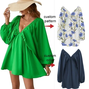 HUILI Factory Designer Deep v Neck Long Sleeve Mini Casual Dress Women Custom logo Printed Blank Loose Baggy Cotton Dress