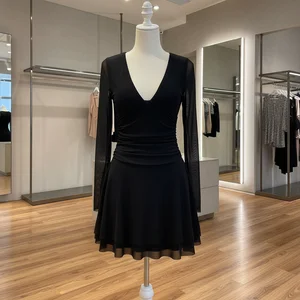 Women's Clothing Supplier Women's Sexy Dress Solid Color Long Sleeve Mini Dress V-Neck Slim Fit Ladies Casual Dress