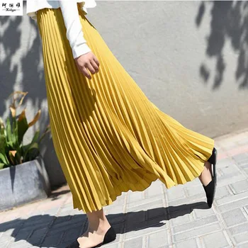 Summer Korean large size high waist long skirt women's elastic waist pleated skirt A-Line Swing Skirt
