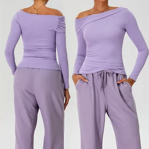 Roregal New Ribbed Off Shoulder Sports Long Sleeved Top Quick-Drying Tight Fitness Casual Running Long-Sleeved Top