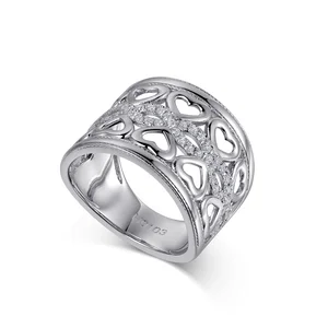 Trendy 9k White Gold Hollow Out Heart Design Rings Jewelry 14K/18K Gold Wide Band Diamond Rings for Women