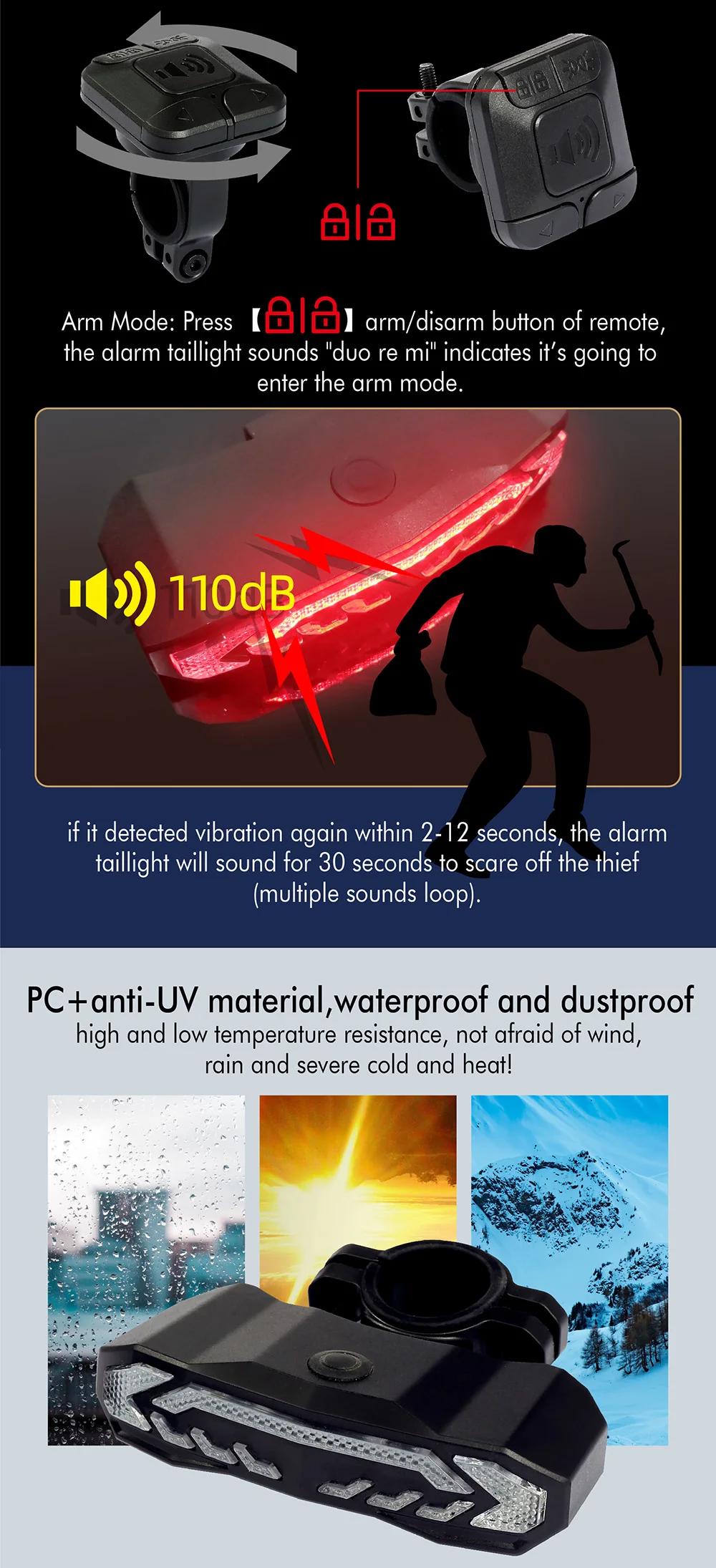 Bike Alarm Tail Light With Remote Antitheft Rear Bike Light With Smart