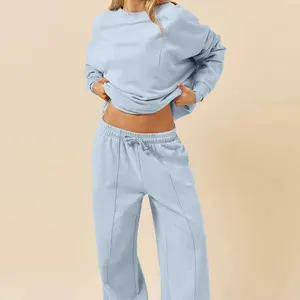 Women's Light Blue Oversized Sweatshirt and Wide Leg Sweatpants Set Fashion Casual Loose Fit Loungewear Soft Cotton Tracksuit