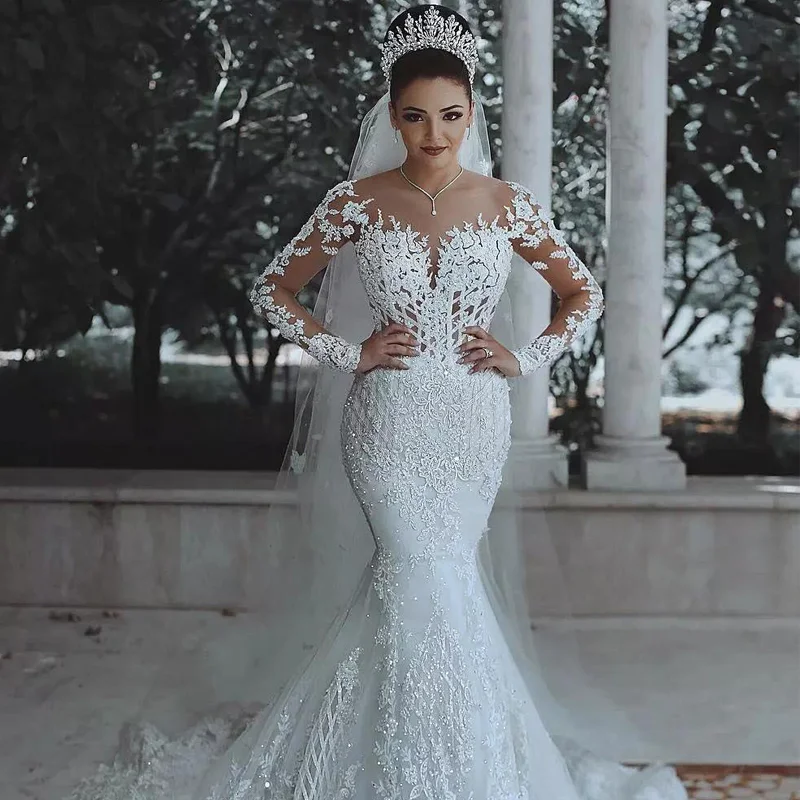 Luxury Mermaid Wedding Dresses V Neck Lace Bridal Gown Sweep Train Long Sleeves 