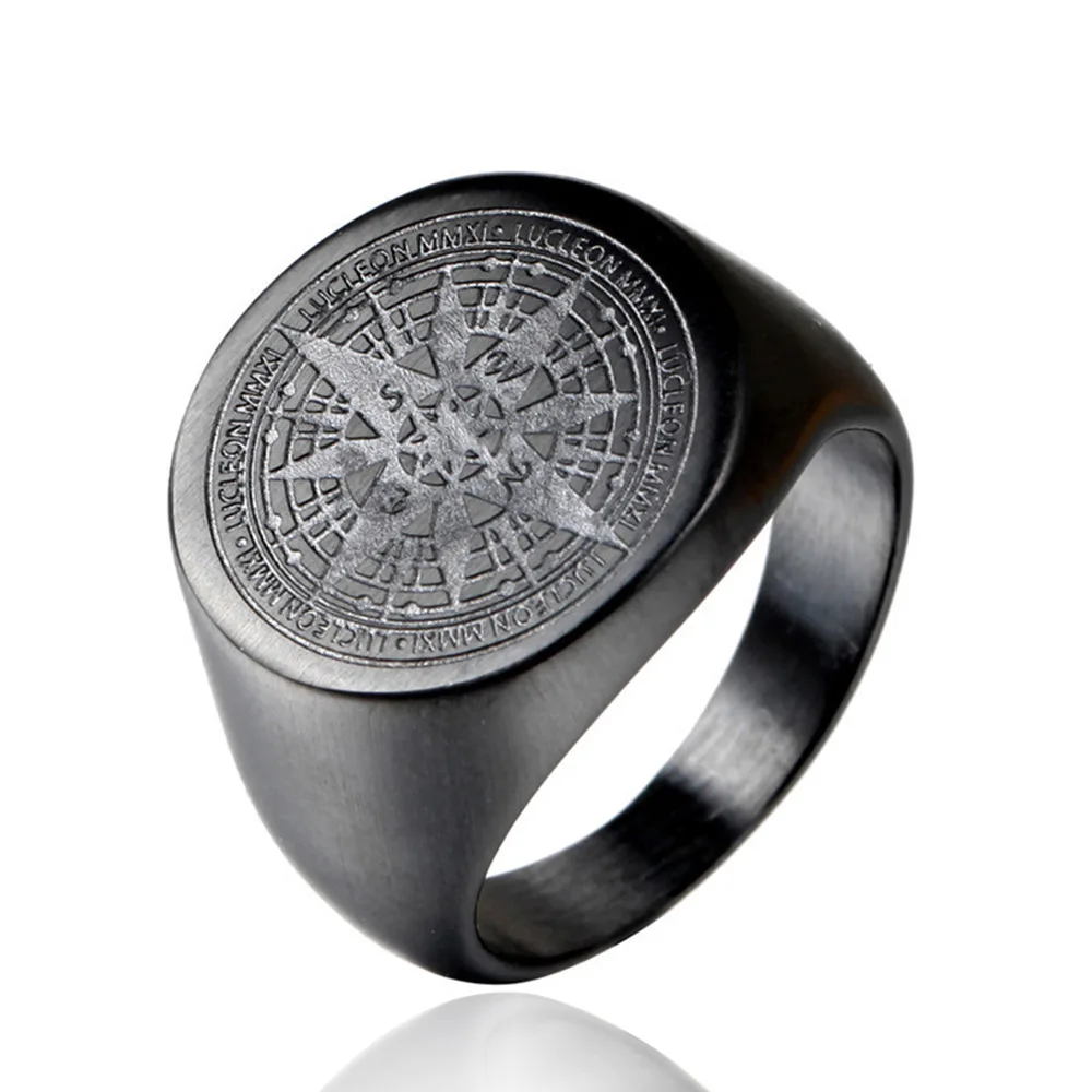 OAKKY Men's Stainless Steel Stars Vintage Round Compass Signet Ring Multi Colors