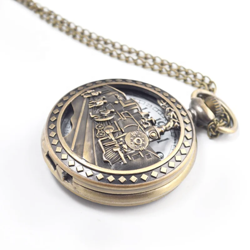 Hollow Train Design Retro Classic Collection Gift Custom Memorial  Nostalgic Flip  Old Vintage Necklace Pocket Watch with Chain